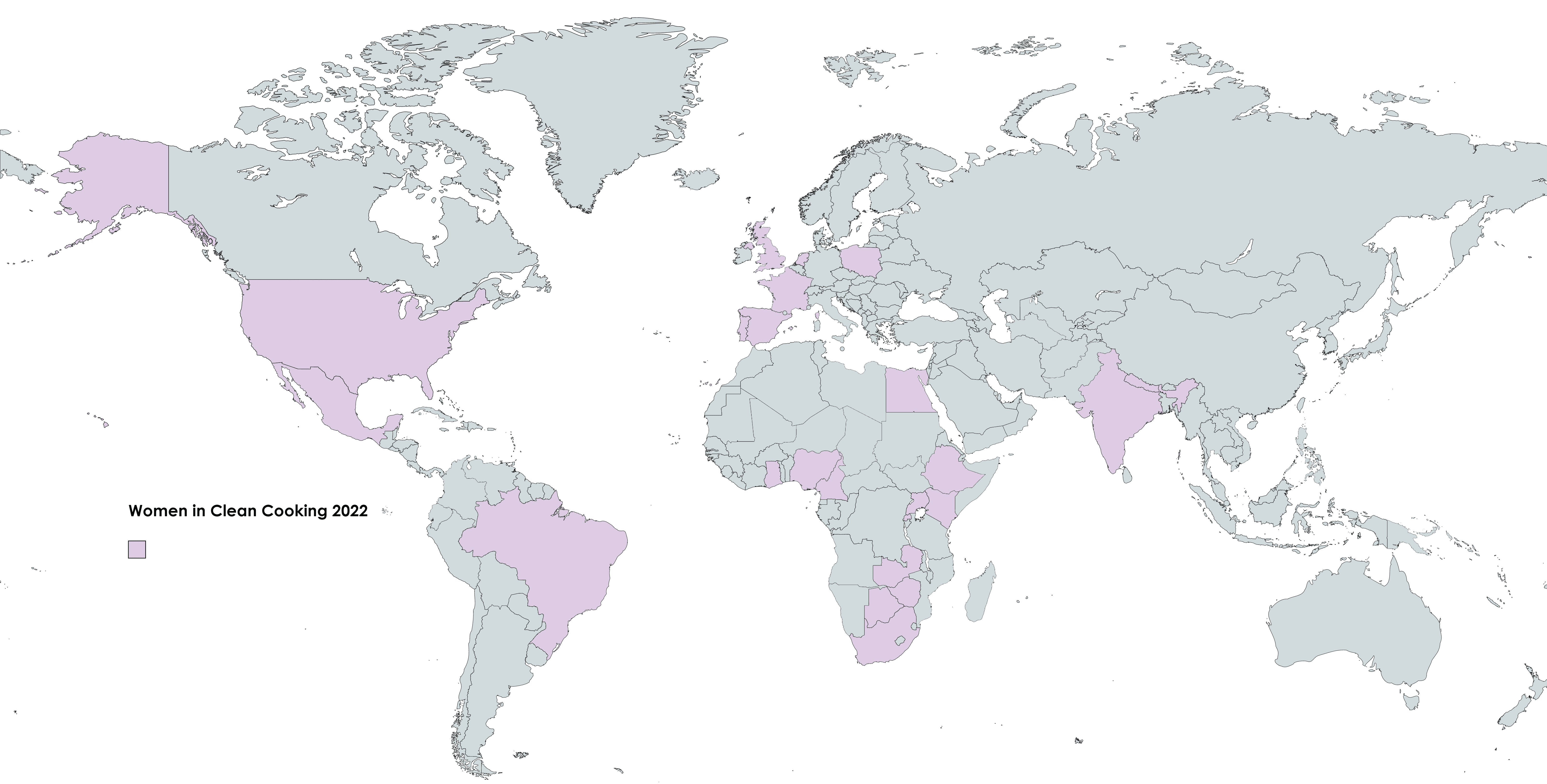 Map of the world with women in clean cooking mentor countries highlighted in purple